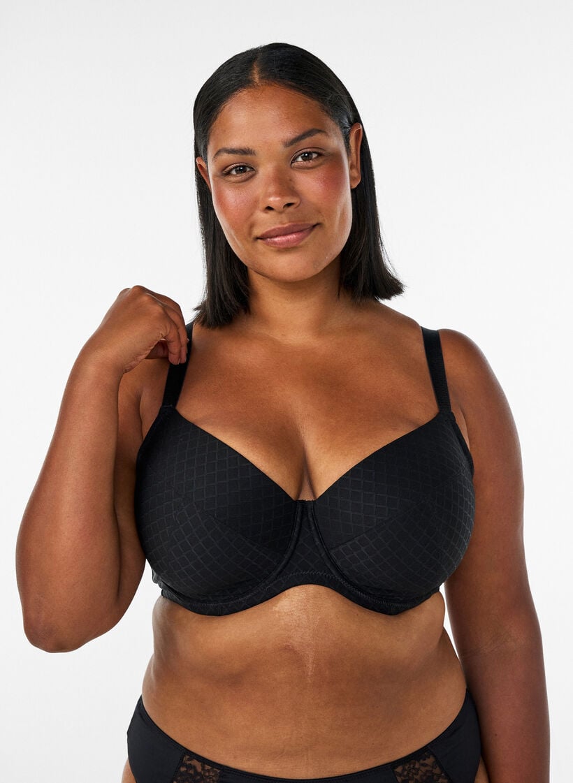 Vadderad BH i mikrofiber med rutigt m&ouml;nster, Svart, Model image number 0