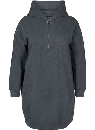 Sweatklänning med huva och kort dragkedja, Dark Grey Melange, Packshot image number 0