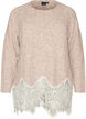Stickad blus med raglan&auml;rmar och bred spetskant, Beige, Packshot image number 0