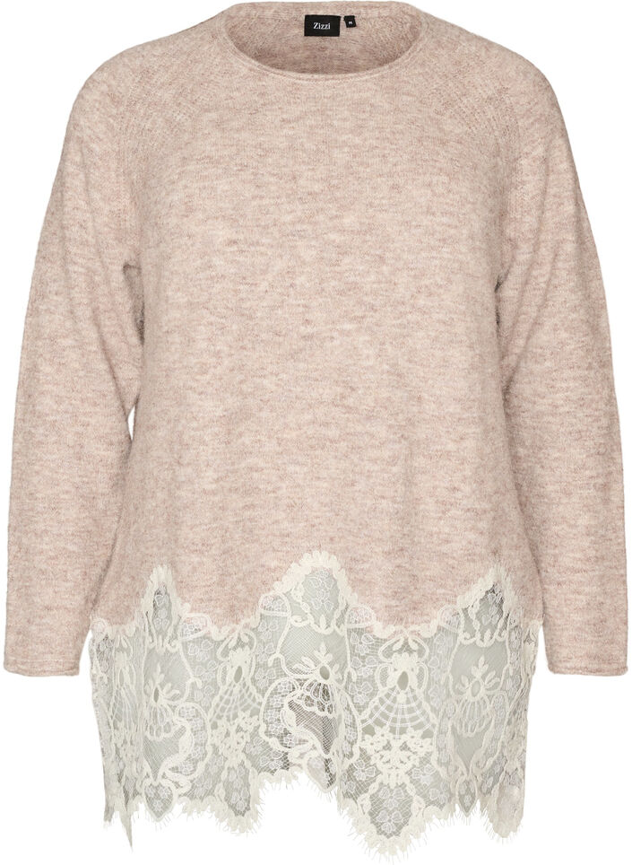 Stickad blus med raglan&auml;rmar och bred spetskant, Beige, Packshot image number 0