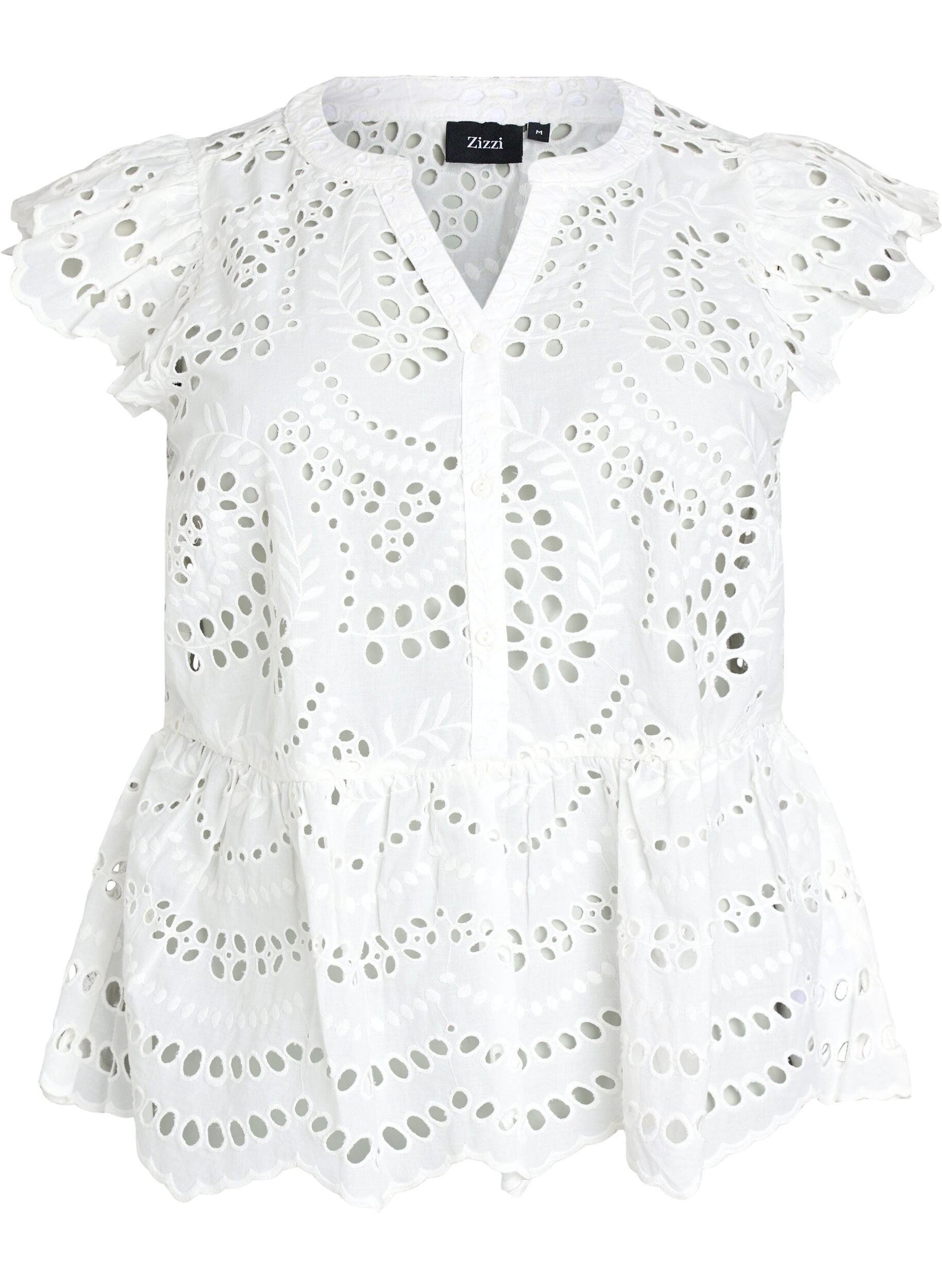 Zizzi &Auml;rml&ouml;s blus i broderie anglaise med volanger, Vit, Packshot image number 0