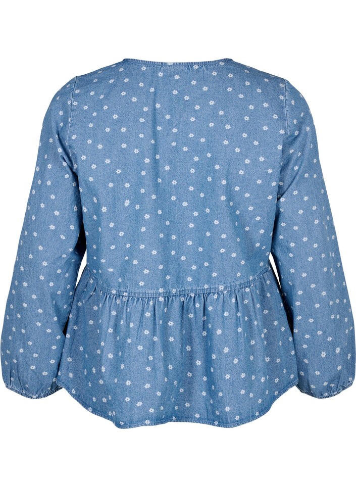 Peplum denimblus med knytband, Light Blue w.Flowers, Packshot image number 1