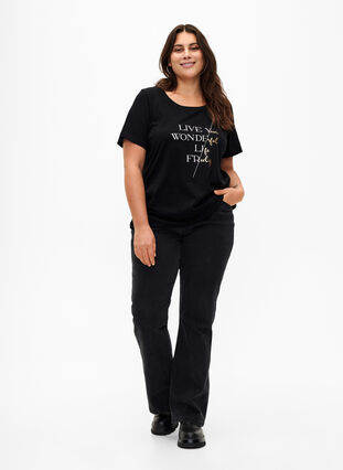 Kortärmad t-shirt i bomull med elastisk kant, Black w. Live, Model image number 2