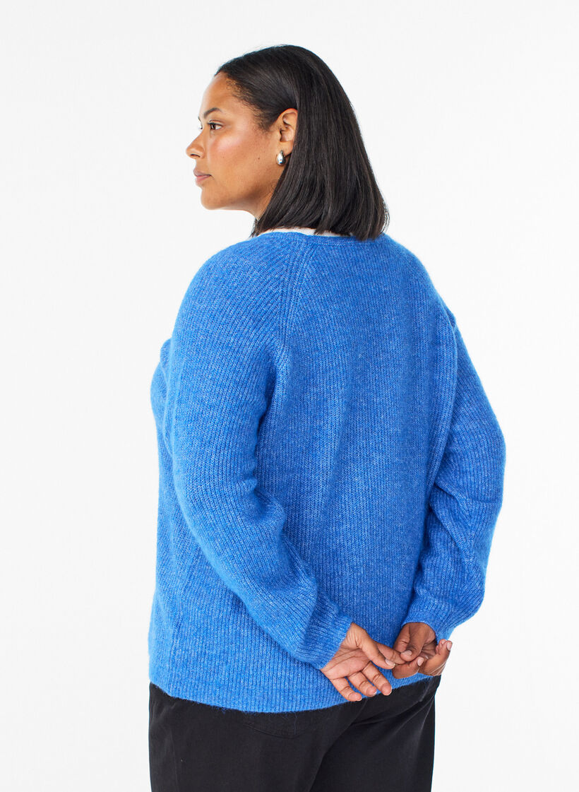 Stickad blus med v-ringning och raglan&auml;rmar, Bl&aring;, Model image number 2