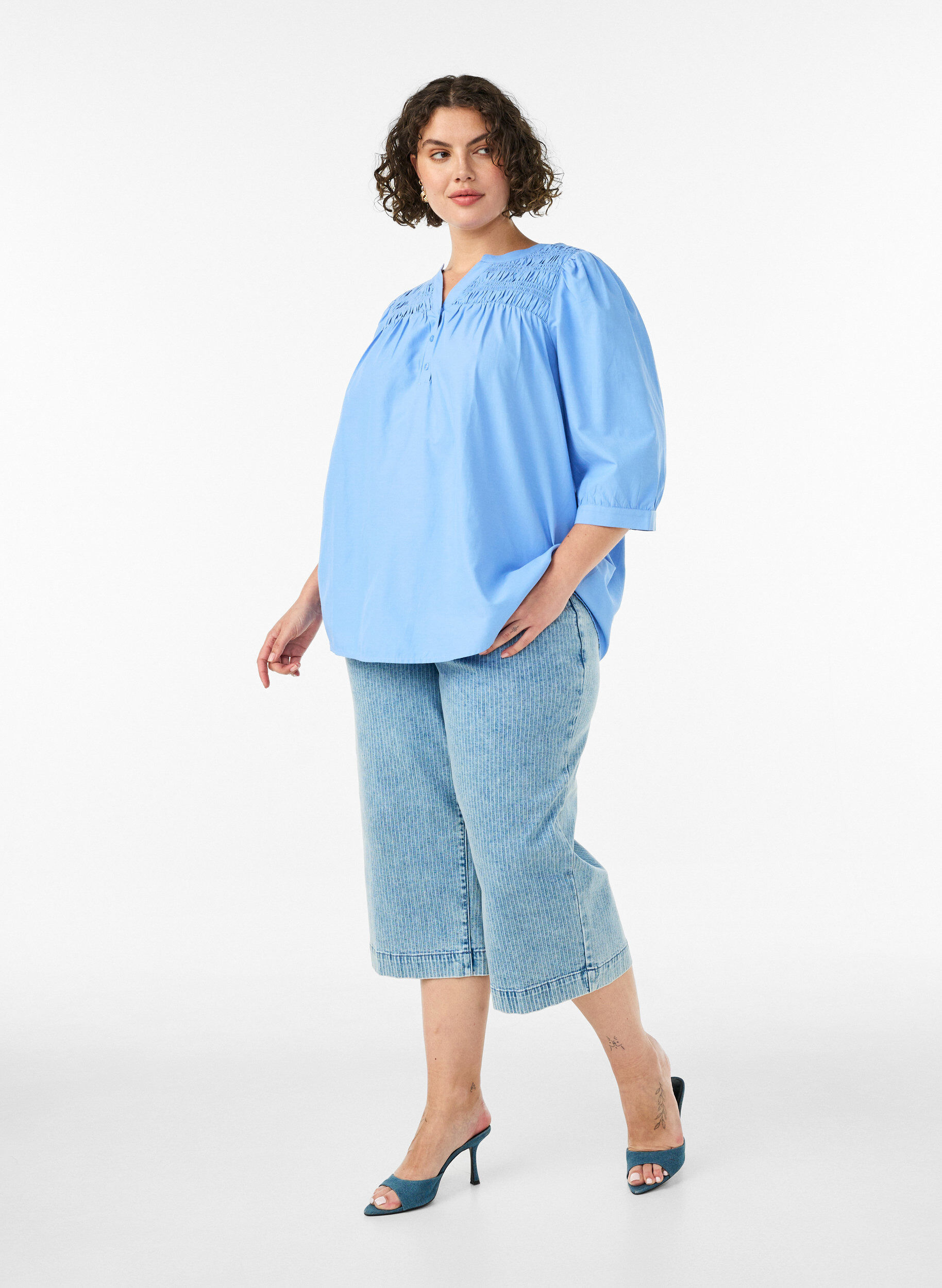ZizziBlus med smock och 3/4-&auml;rmar, Bl&aring;, Model image number 1