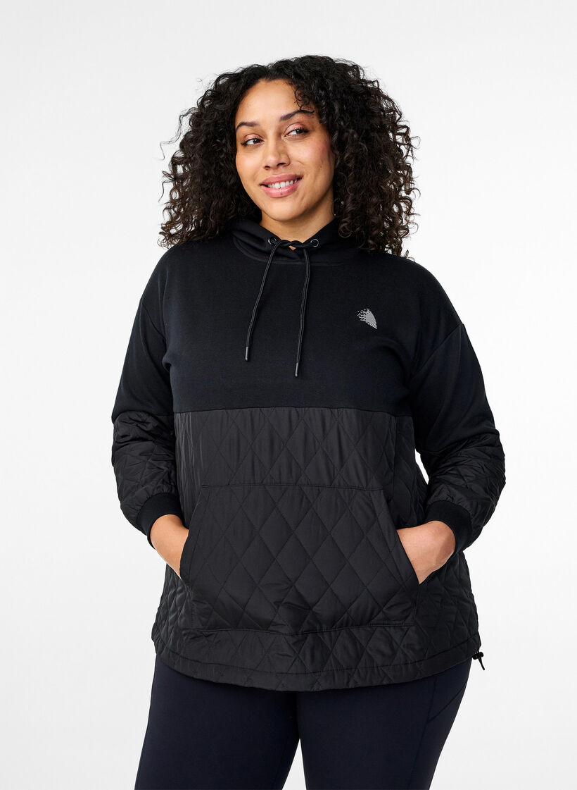 Sweatshirt med huva och quilt, Black, Model image number 0