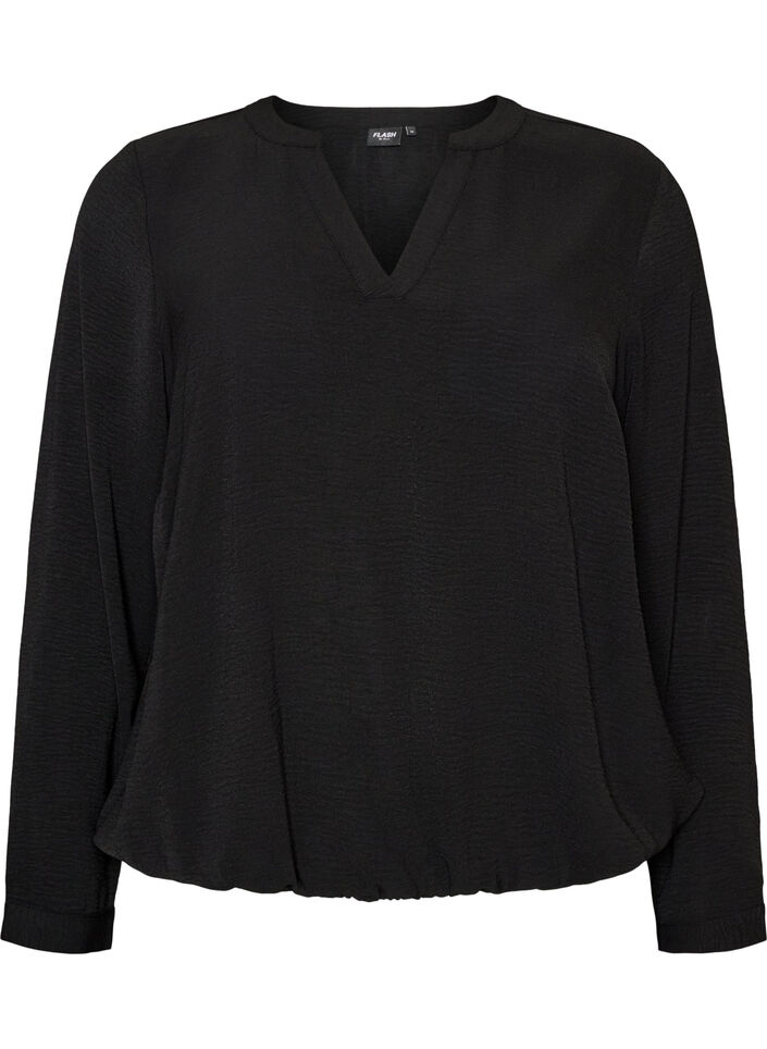 Blus i ballongsilhuett med v-ringning, Svart, Packshot image number 0
