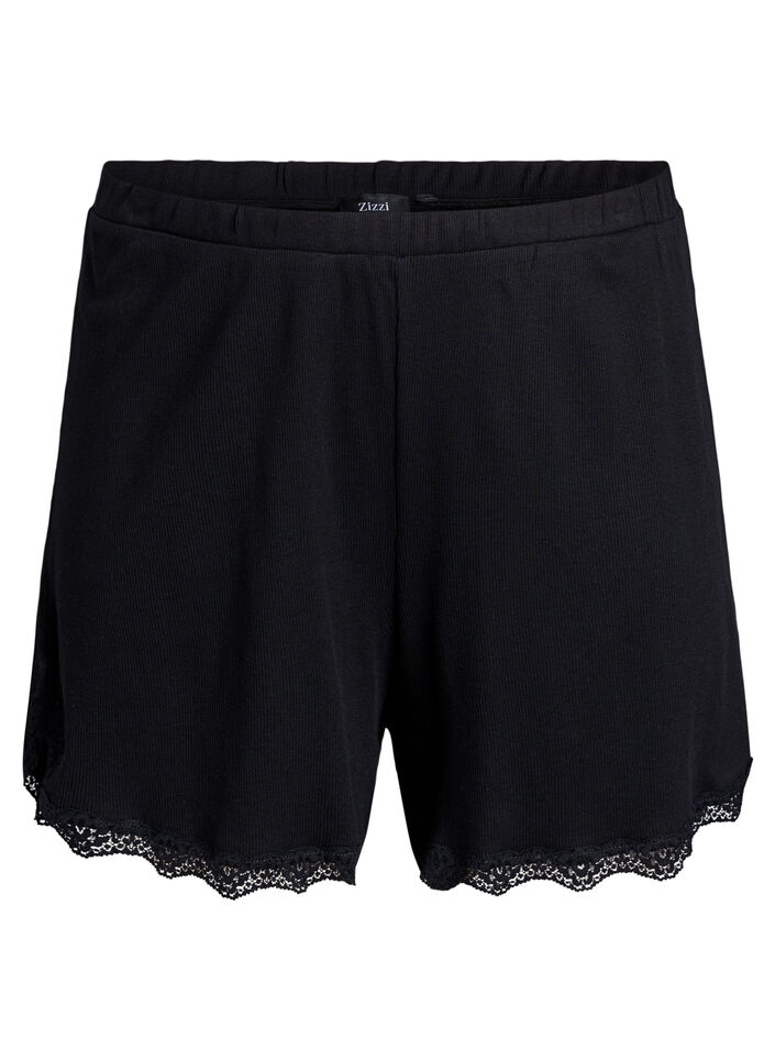 L&ouml;sa nattshorts med ribbstickad textur och spetskant, Svart, Packshot image number 0