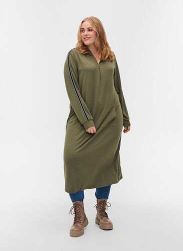 Sweatshirtklänning med huva och dragkedja, Dusty Olive, Model image number 0