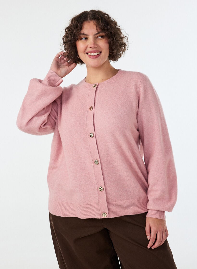 Kofta i mjukt stickat med guldf&auml;rgade knappar, Rosa, Model image number 0