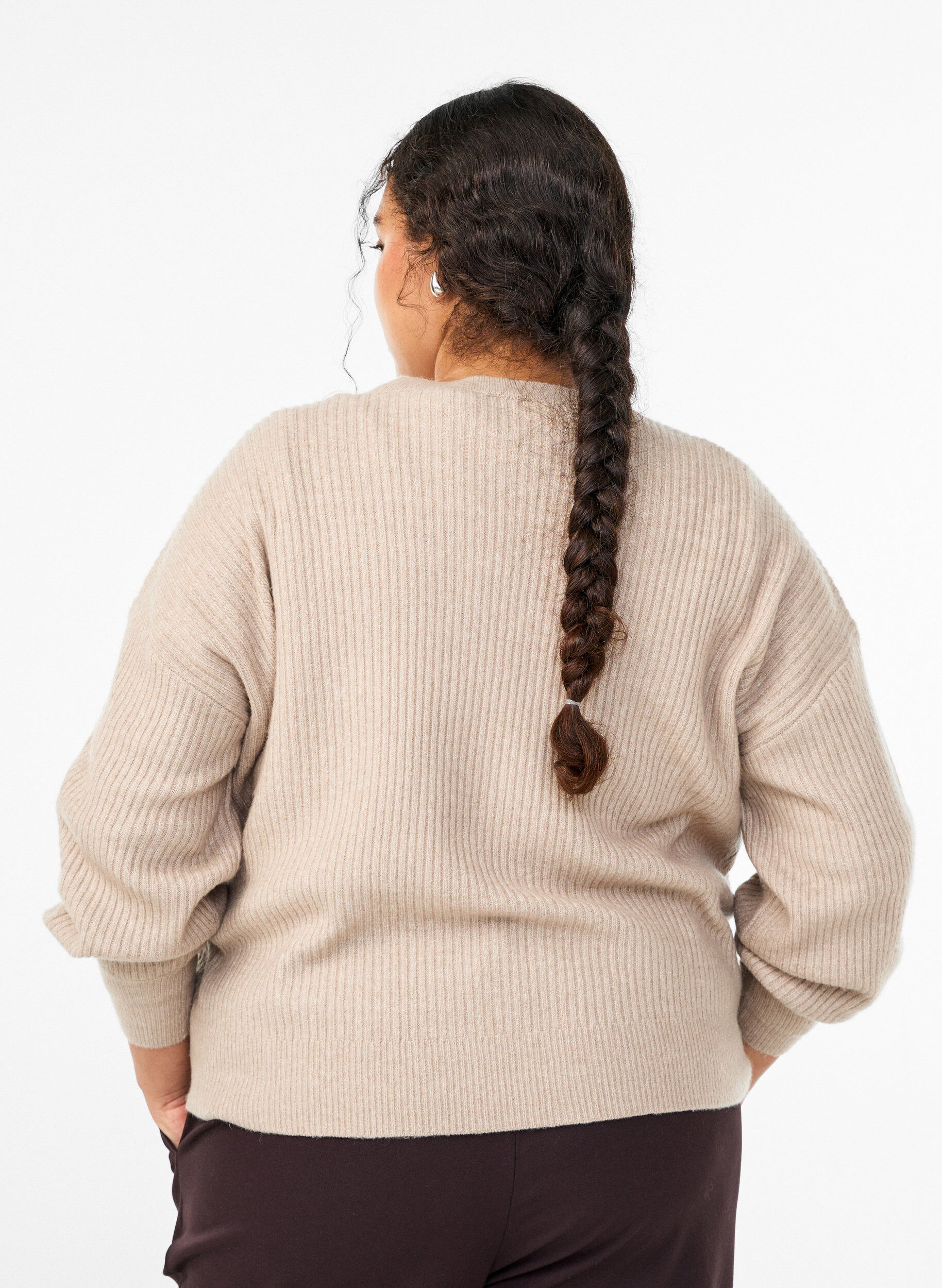 ZizziRibbstickad kofta med knappar, Beige, Model image number 2