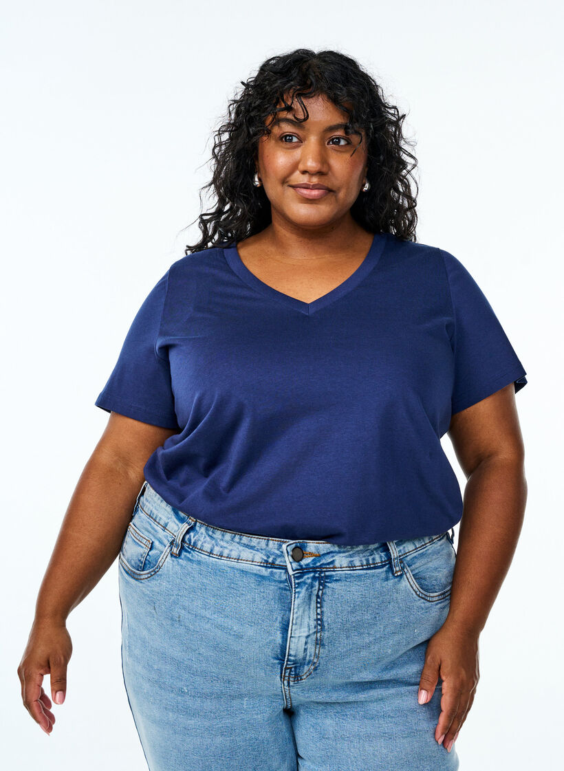 Enkel T-shirt i bomull med v-ringning, Blå, Model image number 0