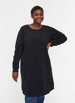 Sweatshirtklänning med fickor och draperade ärmar, Black, Model image number 0