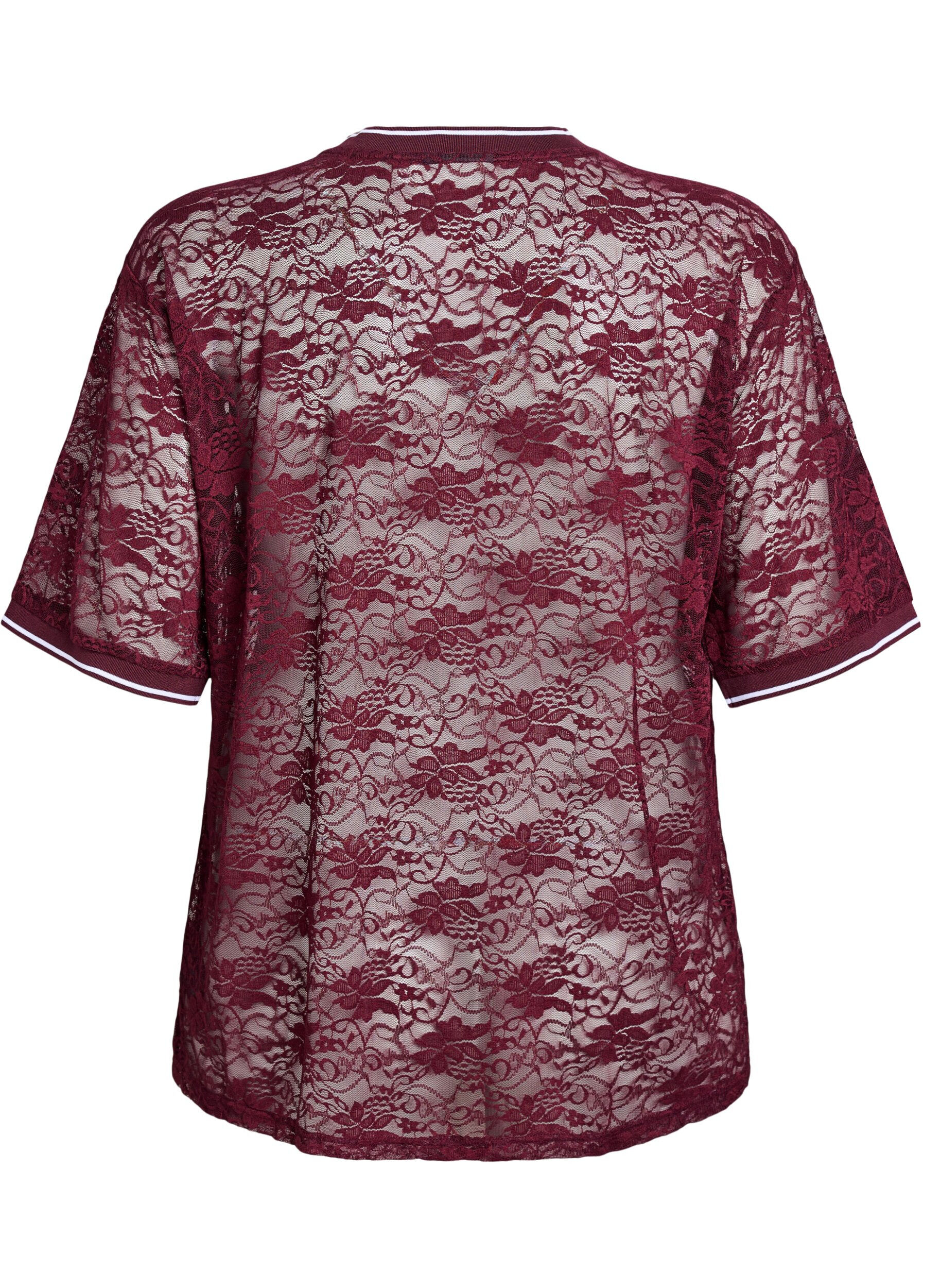 Zizzi Sportig t-shirt i spets med l&ouml;s passform, M&ouml;rk Bordeaux, Packshot image number 1