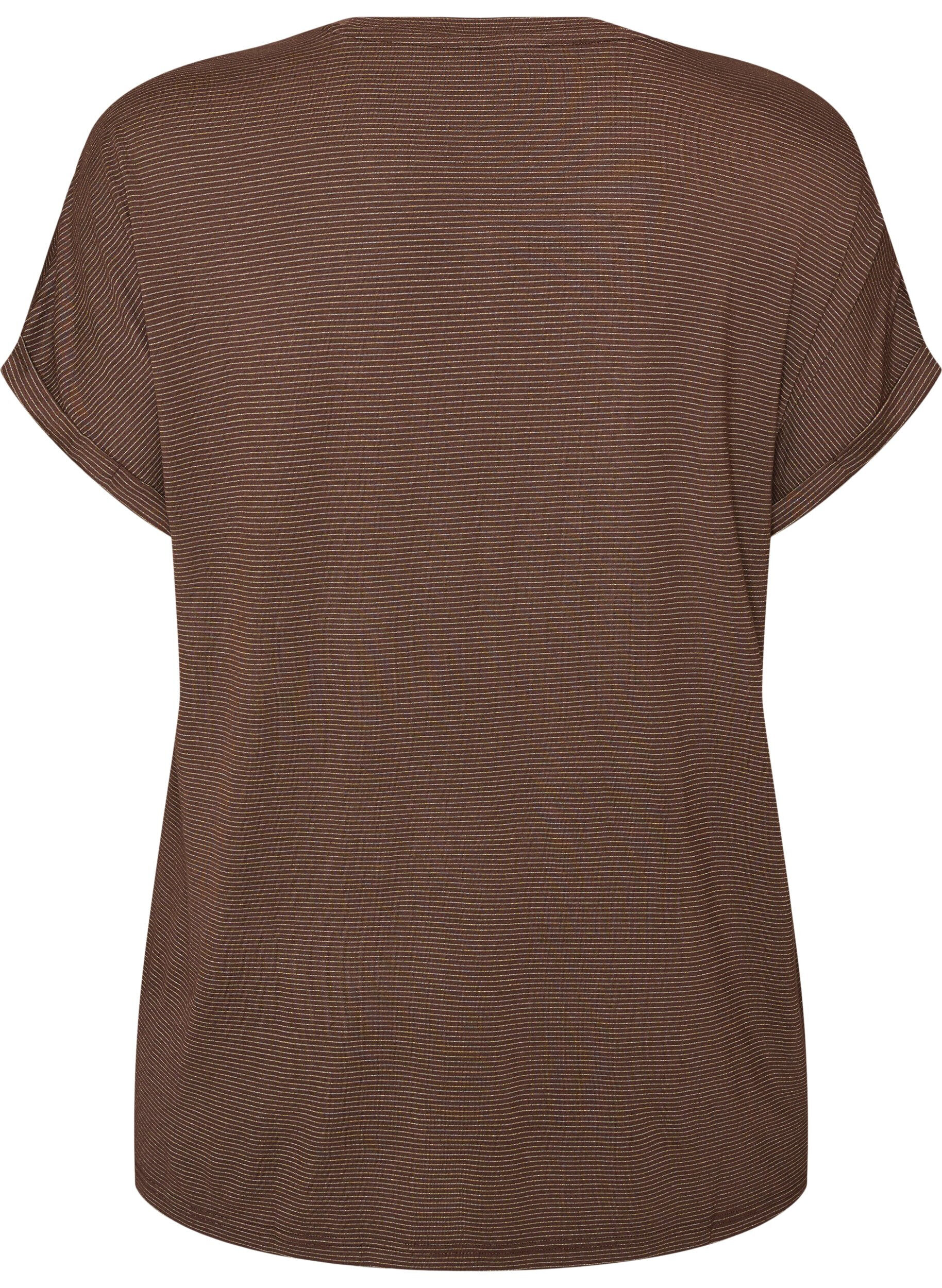 ZizziT-shirt i viskos med glitterr&auml;nder, Brun, Packshot image number 1
