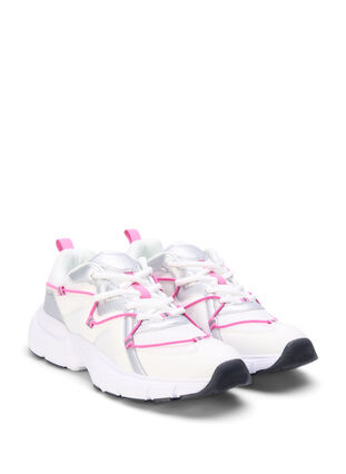 Sneakers med vid passform och kontrasterande knytdetaljer, White w. Pink, Packshot image number 1
