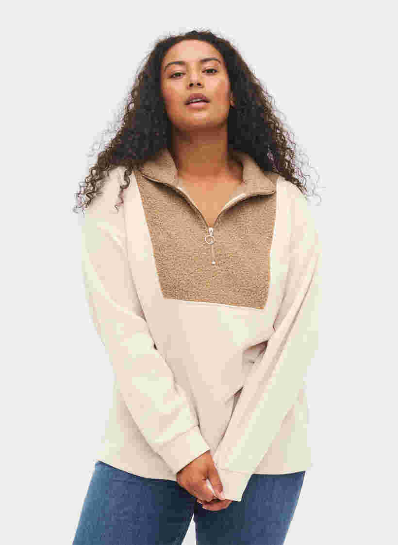 Höghalsad sweatshirt med teddymaterial och dragkedja, Brown Comb, Model