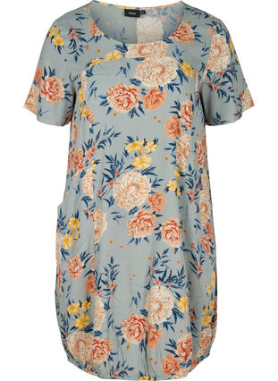 Kortärmad viskosklänning med mönster, Light Blue Flower, Packshot image number 0