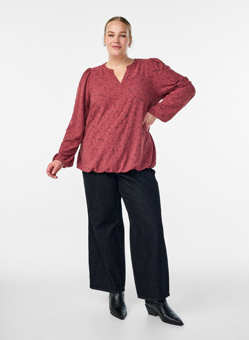 Långärmad blus med blombroderi, Rosa, Model image number 1