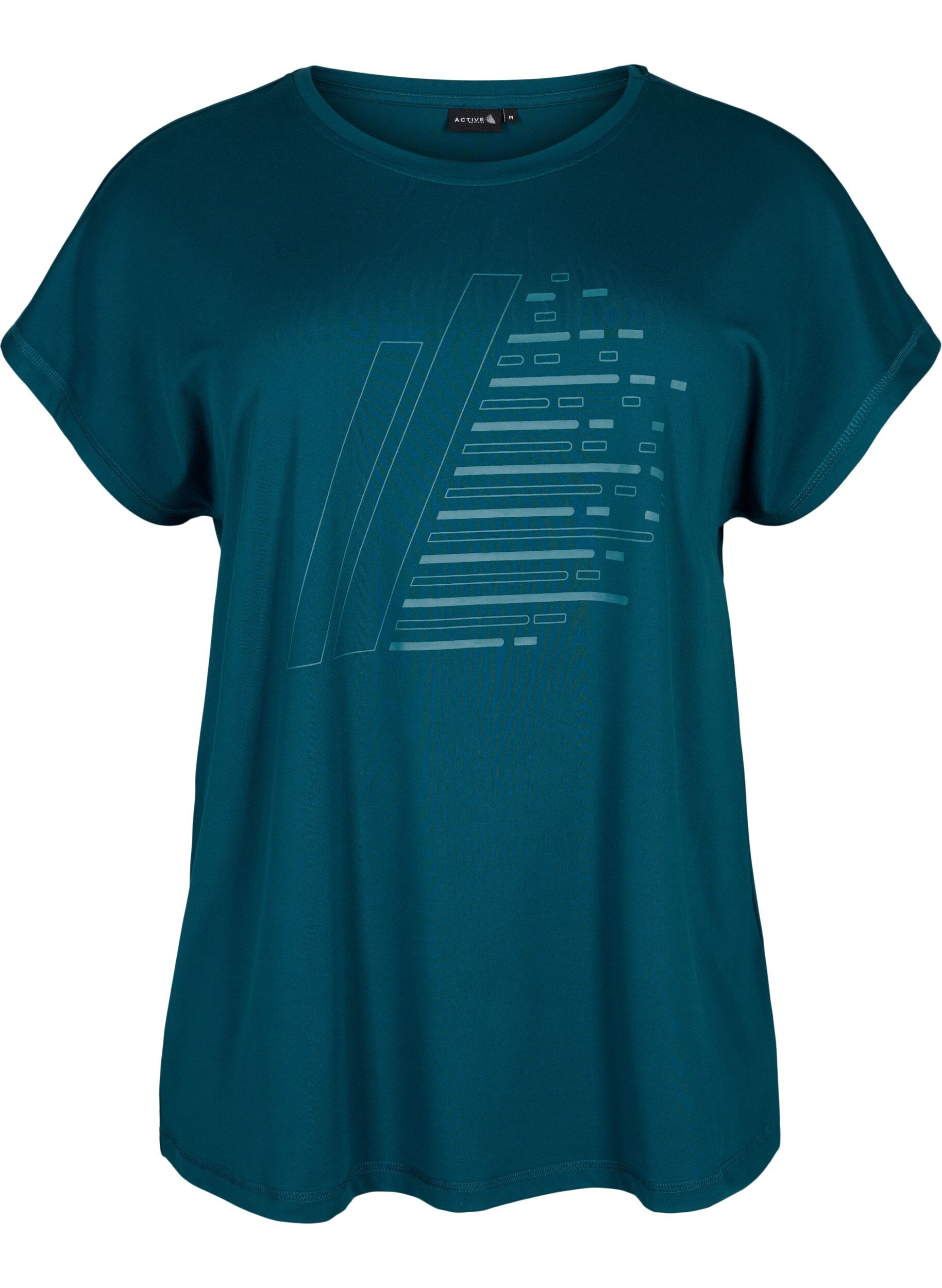 Zizzi Kort&auml;rmad tr&auml;nings t-shirt med tryck, Deep Teal/Pacific, Packshot image number 0