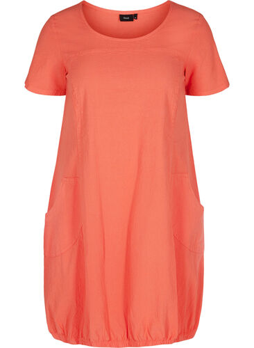 Kortärmad klänning i bomull, Hot Coral, Packshot image number 0