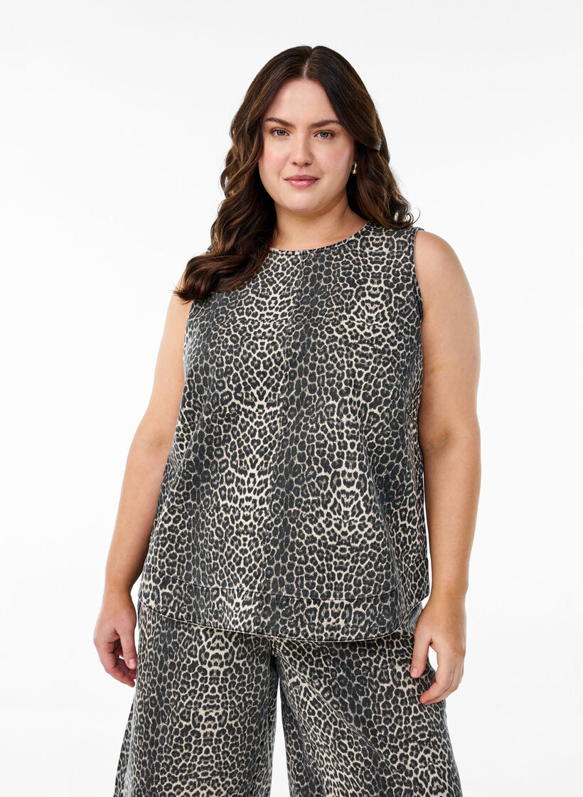 Leopardmönstrad denimtopp utan ärmar, Brun, Model image number 0