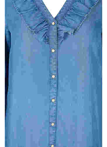 Jeansklänning med v-ringad hals med volanger, Blue denim, Packshot image number 2