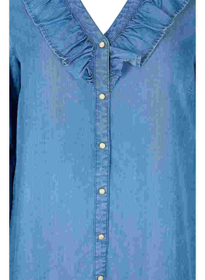 Jeansklänning med v-ringad hals med volanger, Blue denim, Packshot image number 2