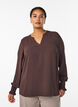 Blus med smockade manschetter och v-ringning, Brun, Model image number 0