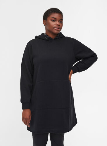 Lång sweatshirt med huva och ficka, Black, Model image number 0