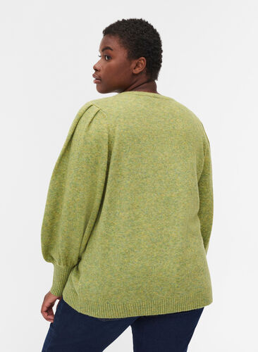Melerad stickad tröja med puffärmar, Green Olive Mel., Model image number 1