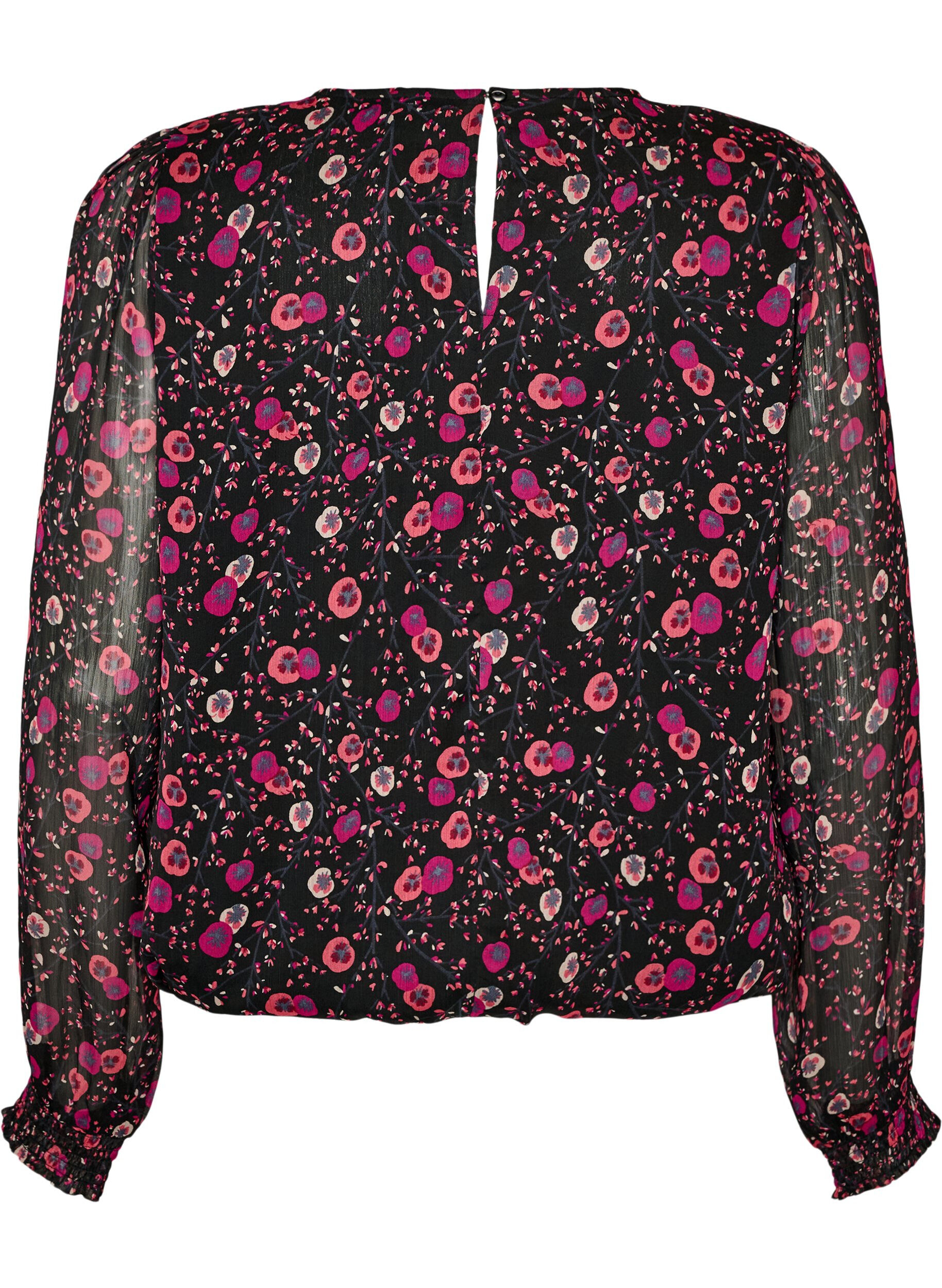 ZizziBlommig blus i chiffong med genomskinliga &auml;rmar, Svart, Packshot image number 1