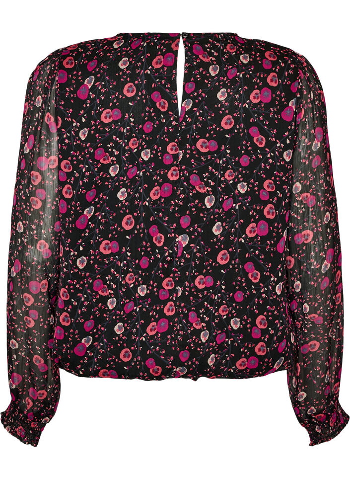 Blommig blus i chiffong med genomskinliga &auml;rmar, Svart, Packshot image number 1