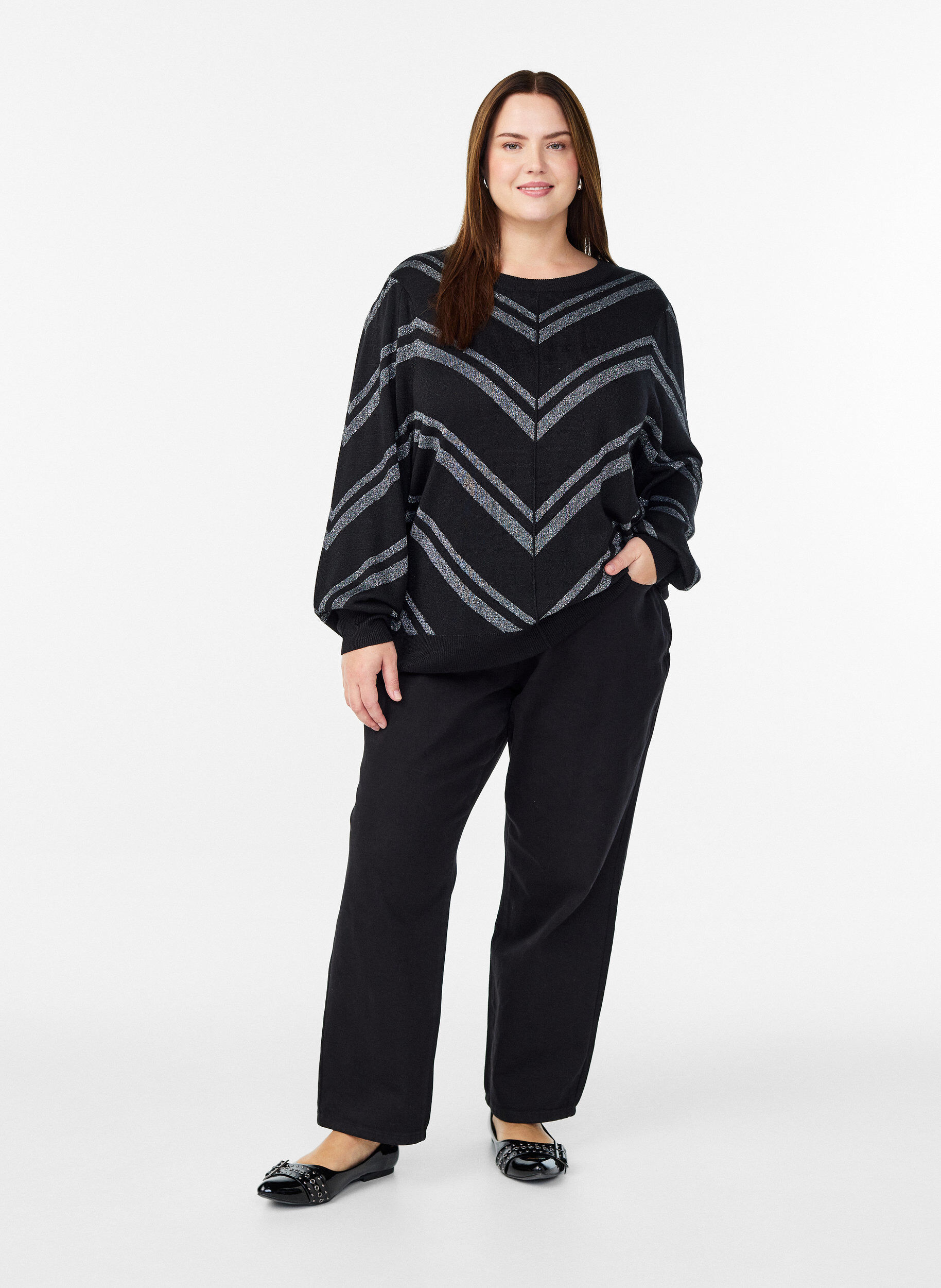 Zizzi M&ouml;nstrad stickad blus med glittereffekt, Svart, Model image number 1