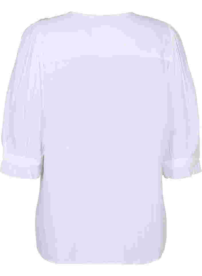 Viskosblus med 3/4-ärmar och volangdetaljer, Bright White, Packshot image number 1
