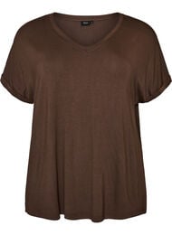 Bas-t-shirt med v-ringning i viskos, Brun