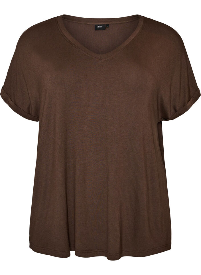 Bas-t-shirt med v-ringning i viskos, Brun, Packshot image number 0