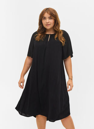 Kortärmad klänning i viskos, Black, Model image number 0
