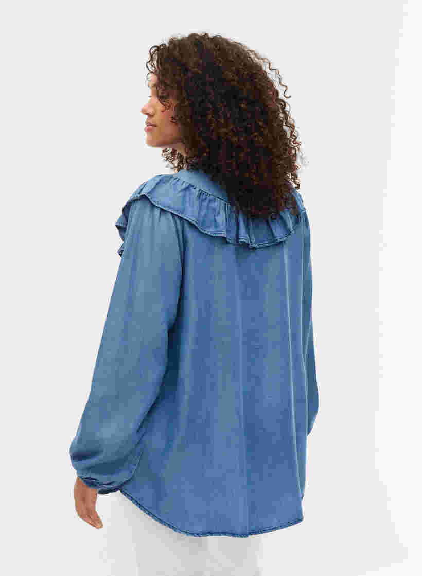 Långärmad skjorta med volanger i lyocell(TENCEL™), Blue denim, Model image number 1
