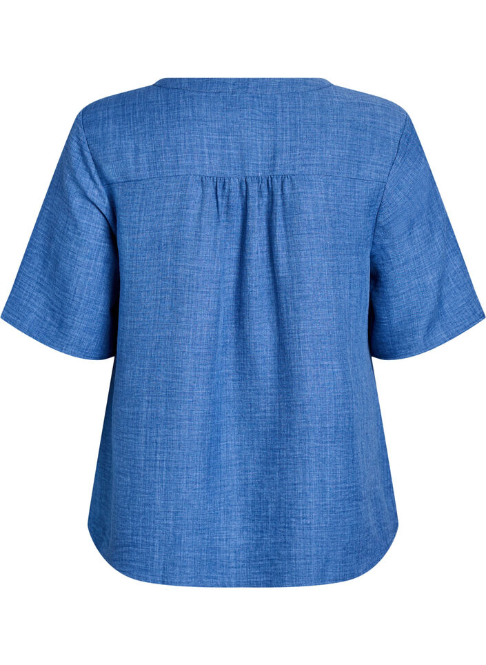 V-ringad skjortblus med korta &auml;rmar, Bl&aring;, Packshot image number 1