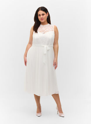 Ärmlös klänning med spets och veck, Star White, Model image number 0