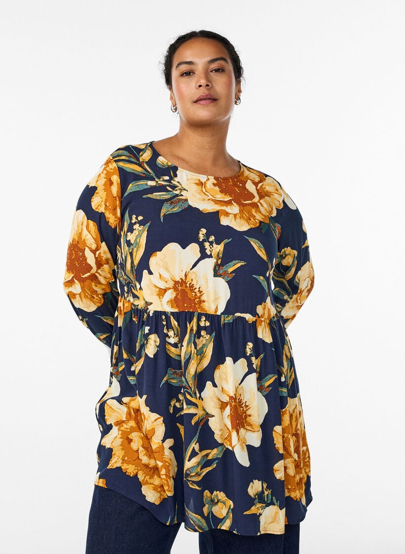 L&aring;ng&auml;rmad tunika med sk&auml;rning, Bl&aring;, Model image number 0