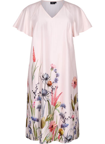 Midiklänning med blommönster och korta ärmar, White Sand, Packshot image number 0