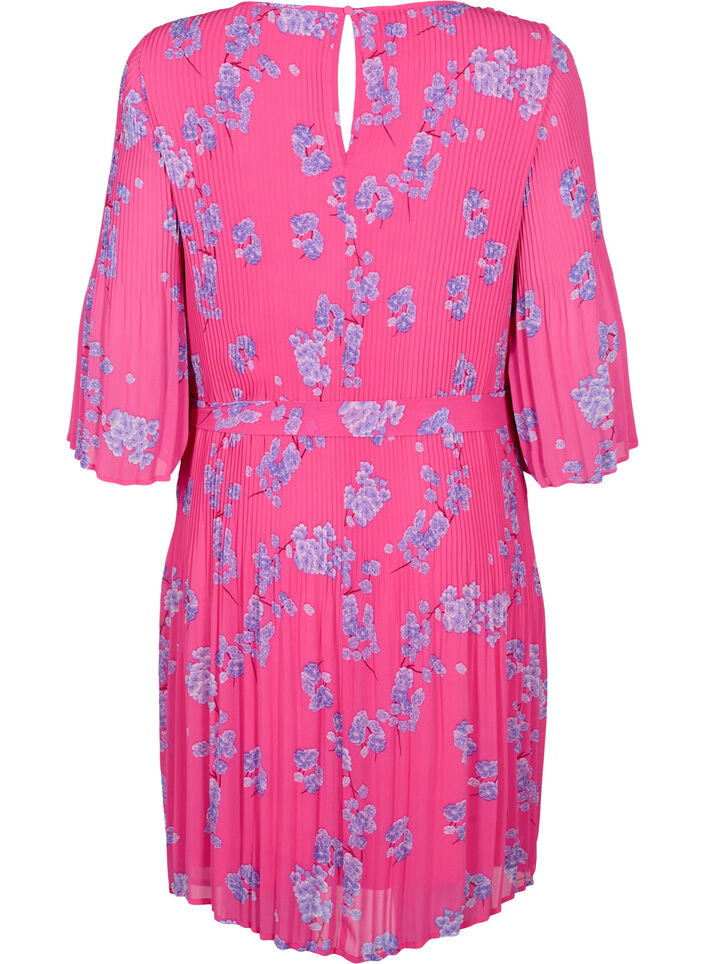 Plisserad klänning med mönster och knytband, Beetroot Purple AOP, Packshot image number 1