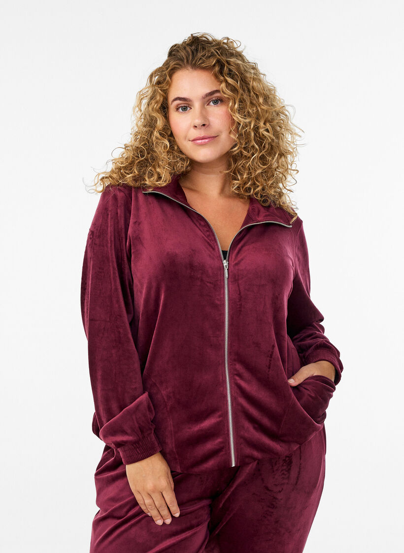 Cardigan i velour med dragkedja och h&ouml;g krage, M&ouml;rk Bordeaux, Model image number 0