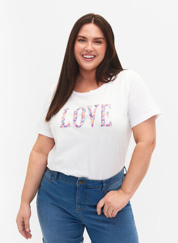 T-shirt i bomull med rund hals och tryck, Bright White W. Love, Model image number 0