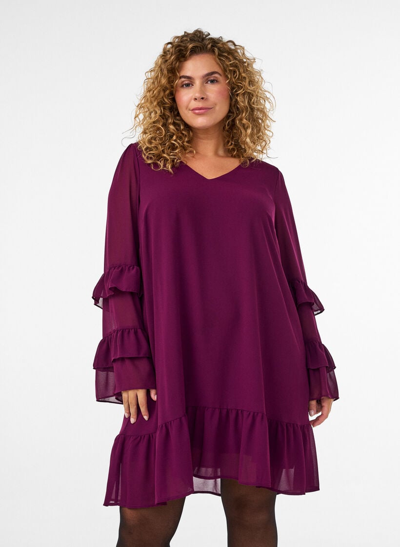 Kort kl&auml;nning med skira volang&auml;rmar, Lila, Model image number 0