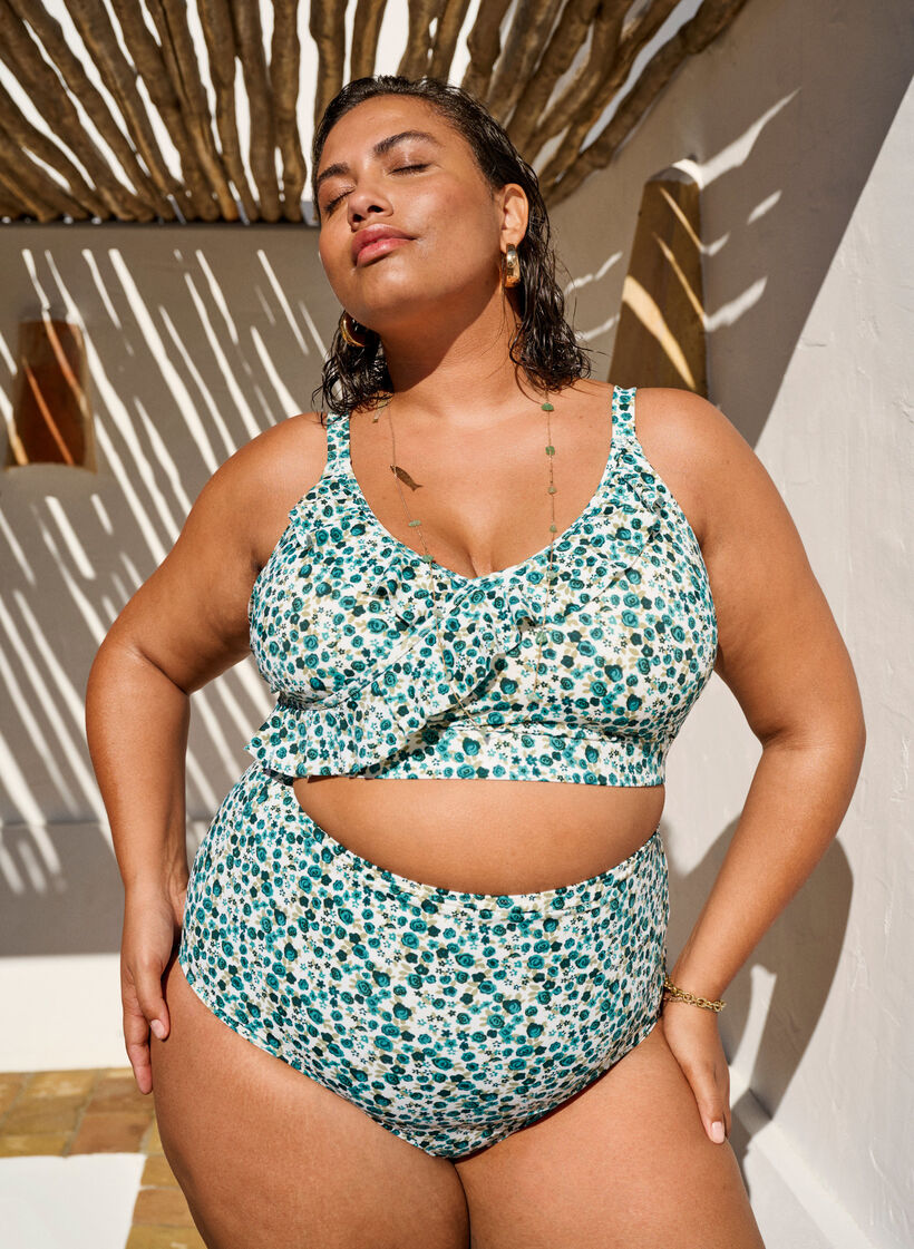 Bikinitopp med blommigt tryck och volangdetaljer, Grön, Image image number 0