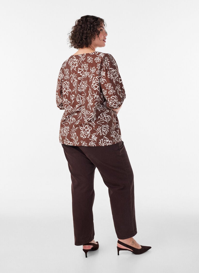 Blus i viskos med v-ringning, Brun, Model image number 2
