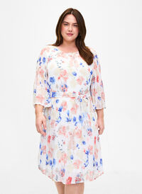 Plisserad klänning med mönster och knytband, White/Blue Floral, Model